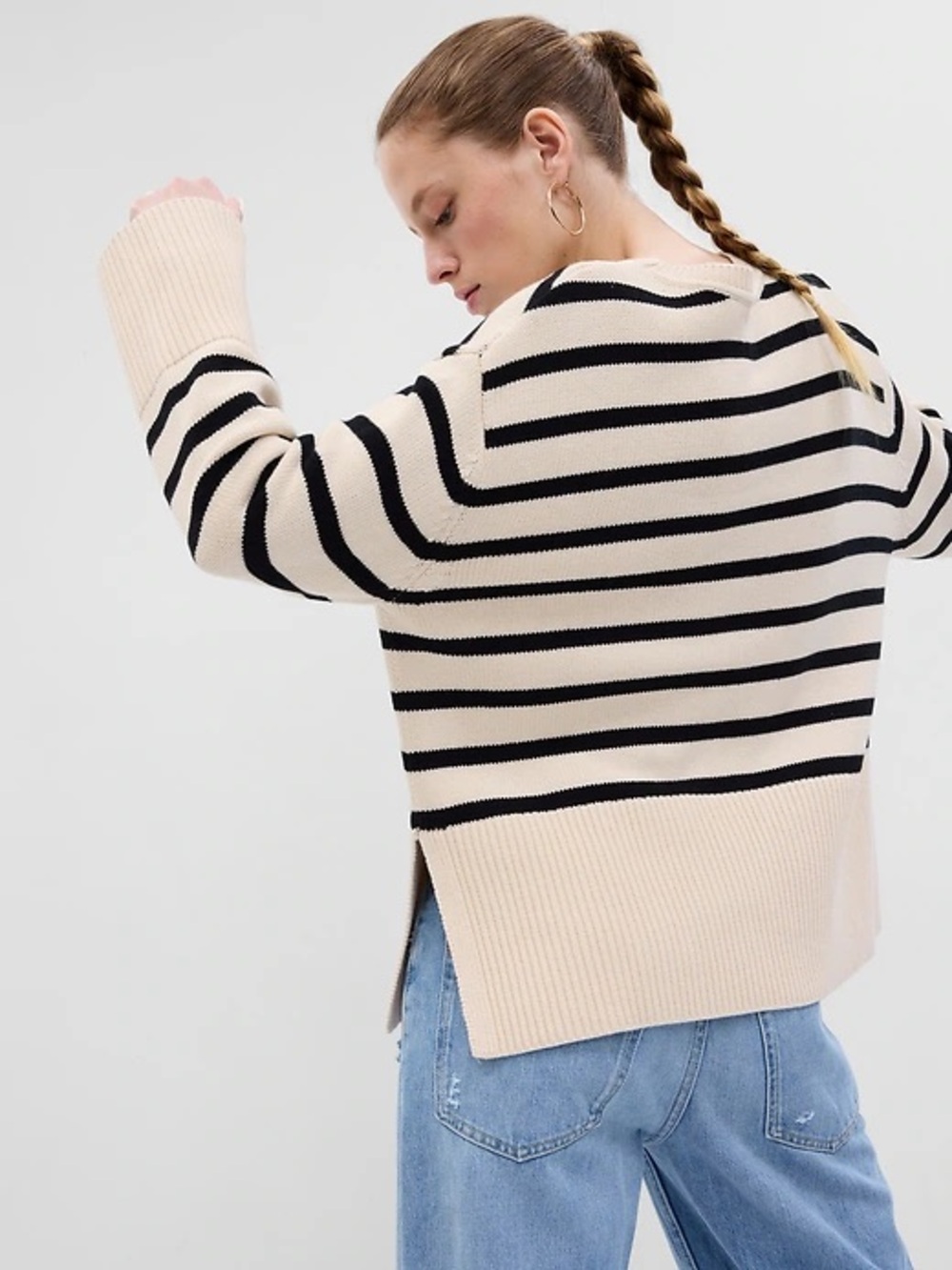 Striped Crewneck Sweater in Cream and Black 100% Cotton